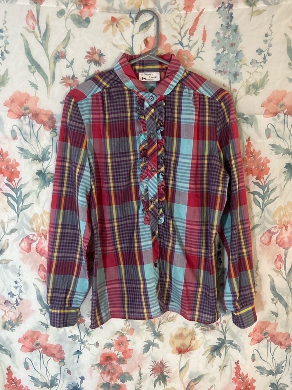 St. John's Bay Plaid Ruffle Button-Down Shirt - Red & Blue